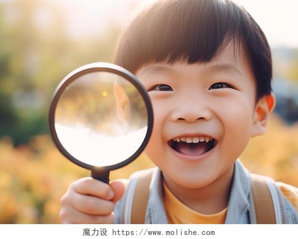 小男孩拿着放大镜儿童探索概念快乐幸福的未成年儿童小学生笑容嬉戏玩耍